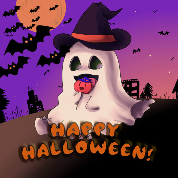 Картинка-открытка с призраком на Хэллоуин
