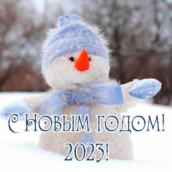 Веселый снеговик на новогодней открытке 2023